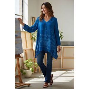 Johnny Was Blue Embroidered V-Neck Tunic Top Boho Artisan Medium